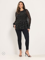 Yours Curve Black Polka Dot Shirred Blouse - Image 2 of 6