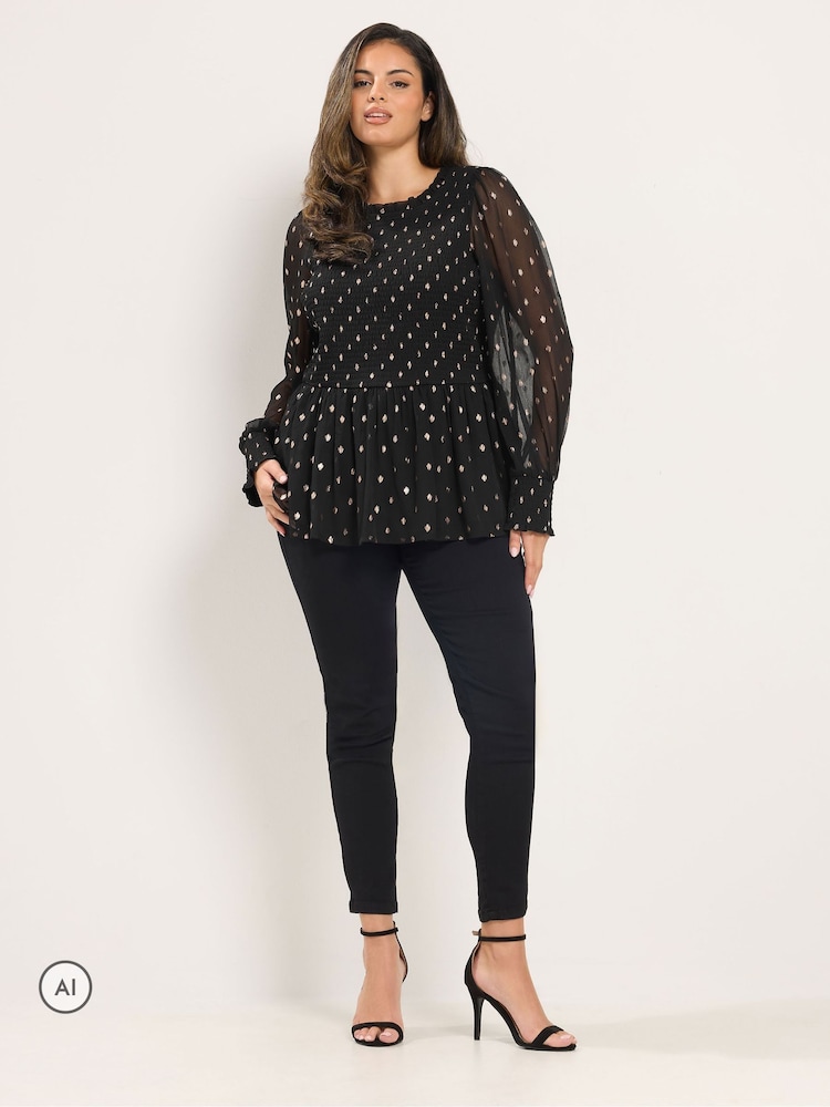 Yours Curve Black Polka Dot Shirred Blouse - Image 2 of 6 Yours Curve Black Polka Dot Shirred Blouse - Image 2 of 6