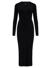 Pour Moi Black Eva Rib Knit V Neck Collar Midi Dress - Image 3 of 4