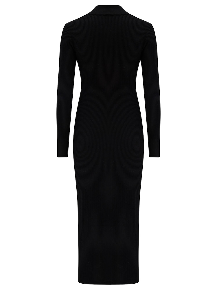 Pour Moi Black Eva Rib Knit V Neck Collar Midi Dress - Image 4 of 4