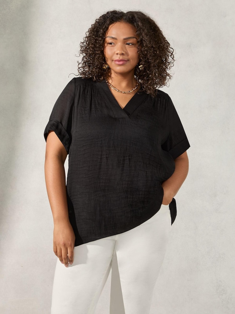 Live Unlimited Curve Chambray V-Neck Black Blouse - Image 1 of 1 Live Unlimited Curve Chambray V-Neck Black Blouse - Image 1 of 1