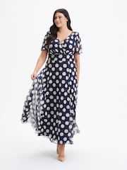 Scarlett & Jo Navy Blue White Polka Dot Curve Isabelle Angel Sleeve Maxi Dress - Image 1 of 4