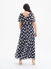 Scarlett & Jo Navy Blue White Polka Dot Curve Isabelle Angel Sleeve Maxi Dress - Image 4 of 4