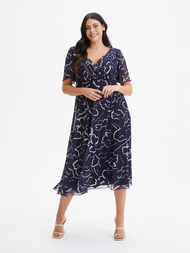 Scarlett & Jo Navy Blue Victoria Angel Sleeve Mesh Midi Dress - Image 1 of 4