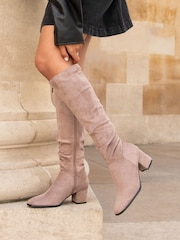 Linzi Brown Margot Faux Suede Square Toe Block Heel Knee High Boots - Image 1 of 5