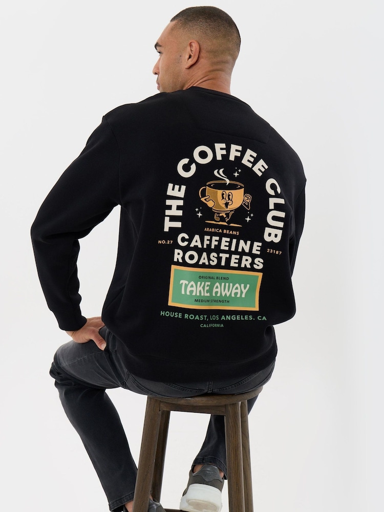 Threadbare Black Heavyweight Relaxed Fit Coffee Club Graphic Print Sweatshirt - Image 1 of 5 Threadbare Black Heavyweight Relaxed Fit Coffee Club Graphic Print Sweatshirt - Image 1 of 5