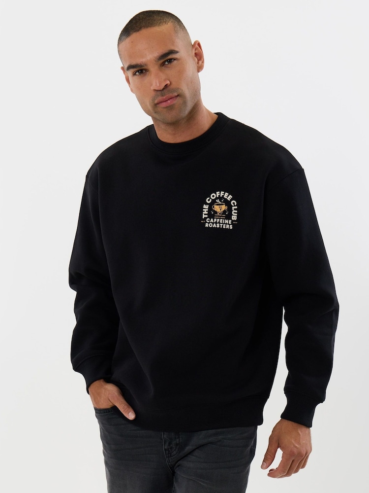 Threadbare Black Heavyweight Relaxed Fit Coffee Club Graphic Print Sweatshirt - Image 2 of 5 Threadbare Black Heavyweight Relaxed Fit Coffee Club Graphic Print Sweatshirt - Image 2 of 5