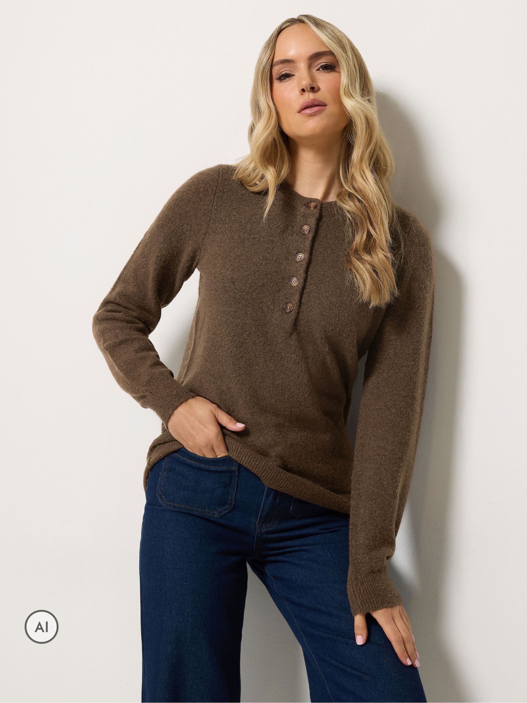 Long Tall Sally Women's Brown Half Button Knitted Jumper