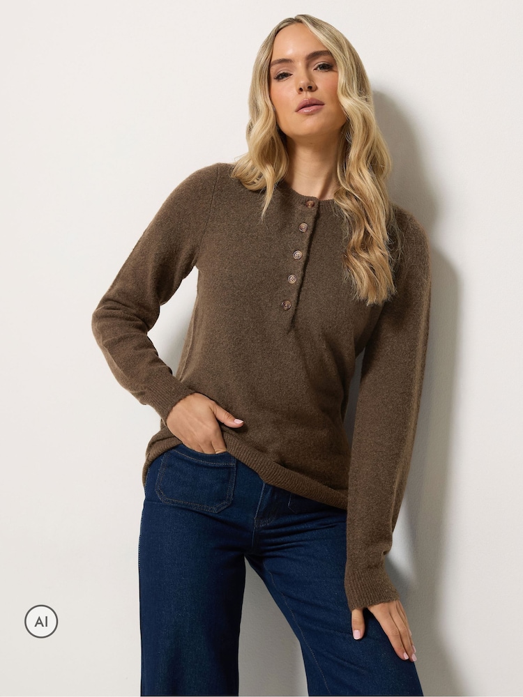 Long Tall Sally Brown Half Button Knitted Jumper - Image 1 of 6 Long Tall Sally Brown Half Button Knitted Jumper - Image 1 of 6