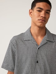 Black/White Geo Cuban Collar Textured Jersey Short Sleeve 100% Cotton Shirt - Image 1 of 8