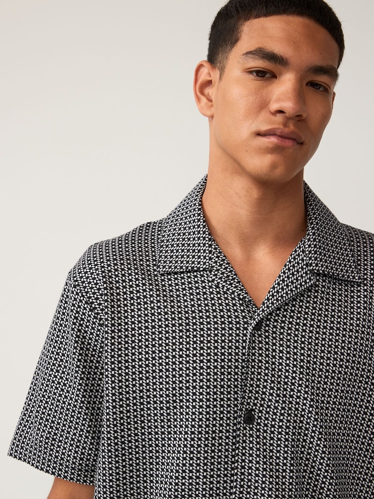 Black/White Geo Cuban Collar Textured Jersey Short Sleeve 100% Cotton Shirt - Image 1 of 8