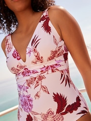 Ecru Cream Floral Plunge Tummy Shaping Control Swimsuit - Image 4 of 6
