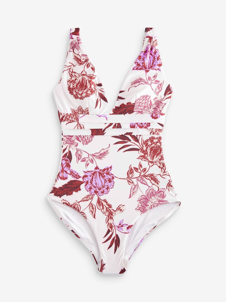 Ecru Cream Floral Plunge Tummy Shaping Control Swimsuit - Image 6 of 6