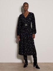 Apricot Black Vintage Floral Smocked Midi Dress - Image 1 of 4