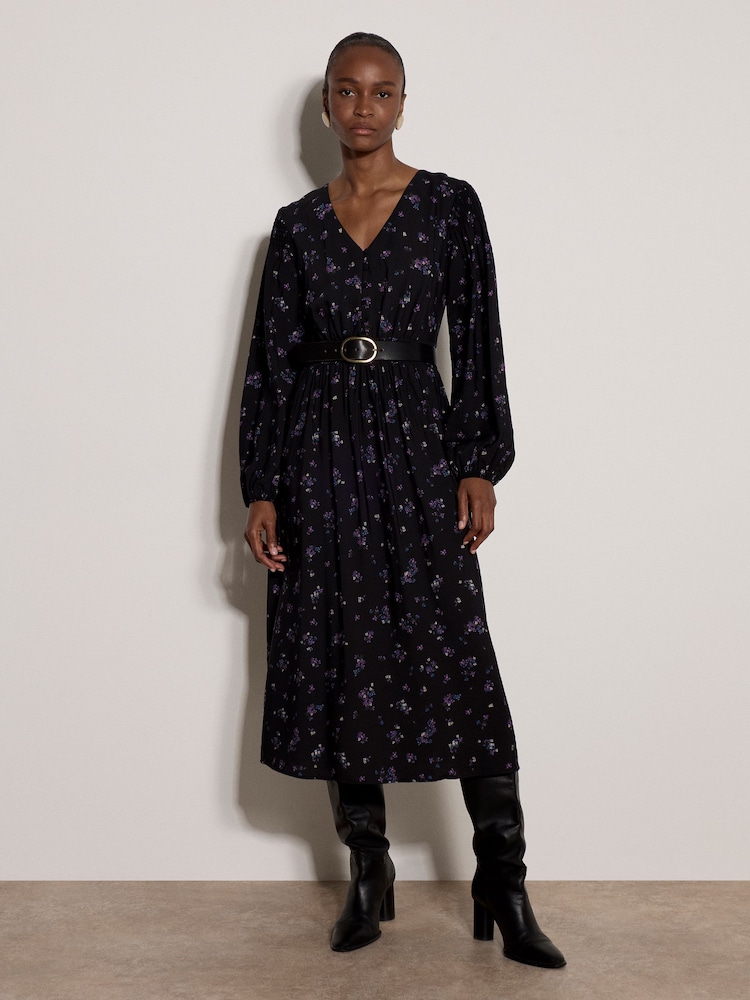 Apricot Black Vintage Floral Smocked Midi Dress - Image 1 of 4