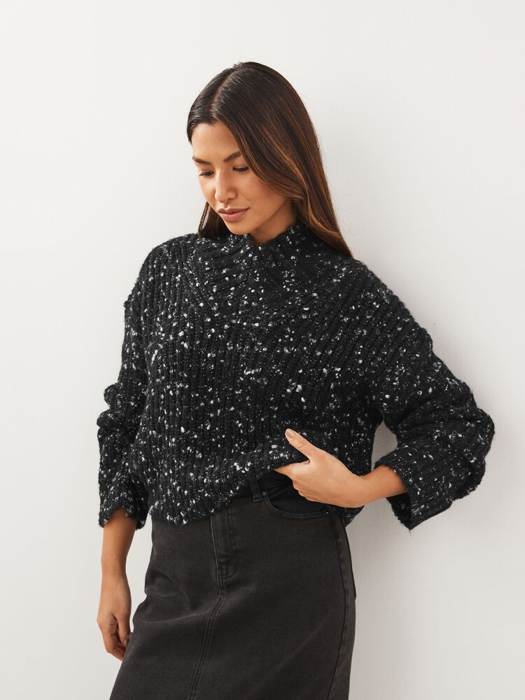 Schwarz - Gerippter Pullover mit hohem Kragen - Bild 1 von 6