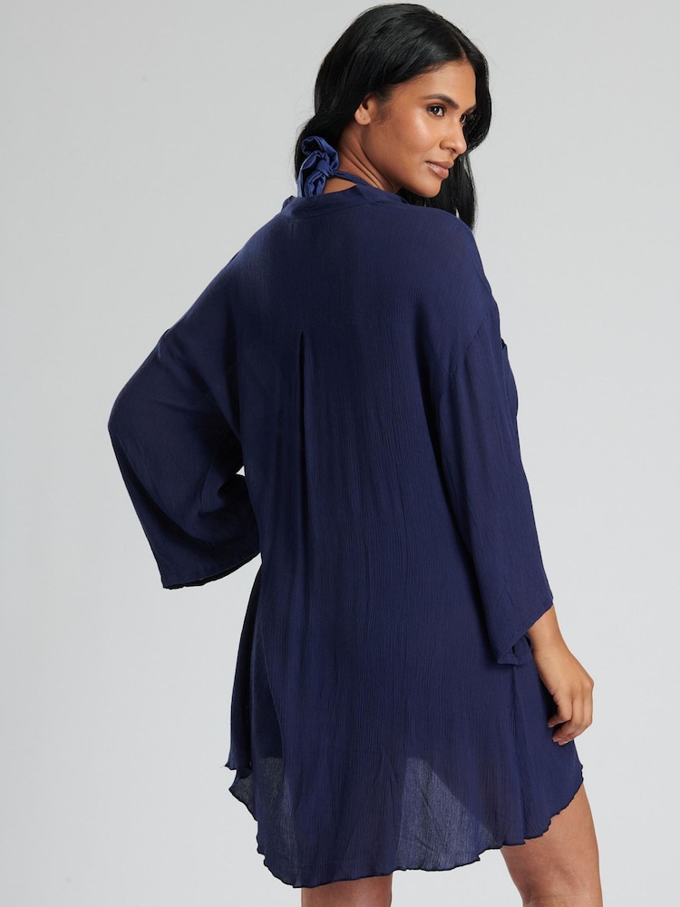 South Beach Navy Blue Crinkle Viscose Nehru Collar Beach Shirt with Pockets - Image 2 of 5 South Beach Navy Blue Crinkle Viscose Nehru Collar Beach Shirt with Pockets - Image 2 of 5