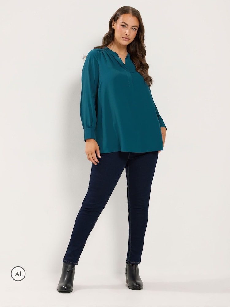 Yours Curve Green Half Placket Blouse - Image 2 of 6 Yours Curve Green Half Placket Blouse - Image 2 of 6