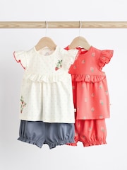 Red/ Navy/ White Strawberry 2 Pack Baby T-Shirts and Shorts Set - Image 1 of 12