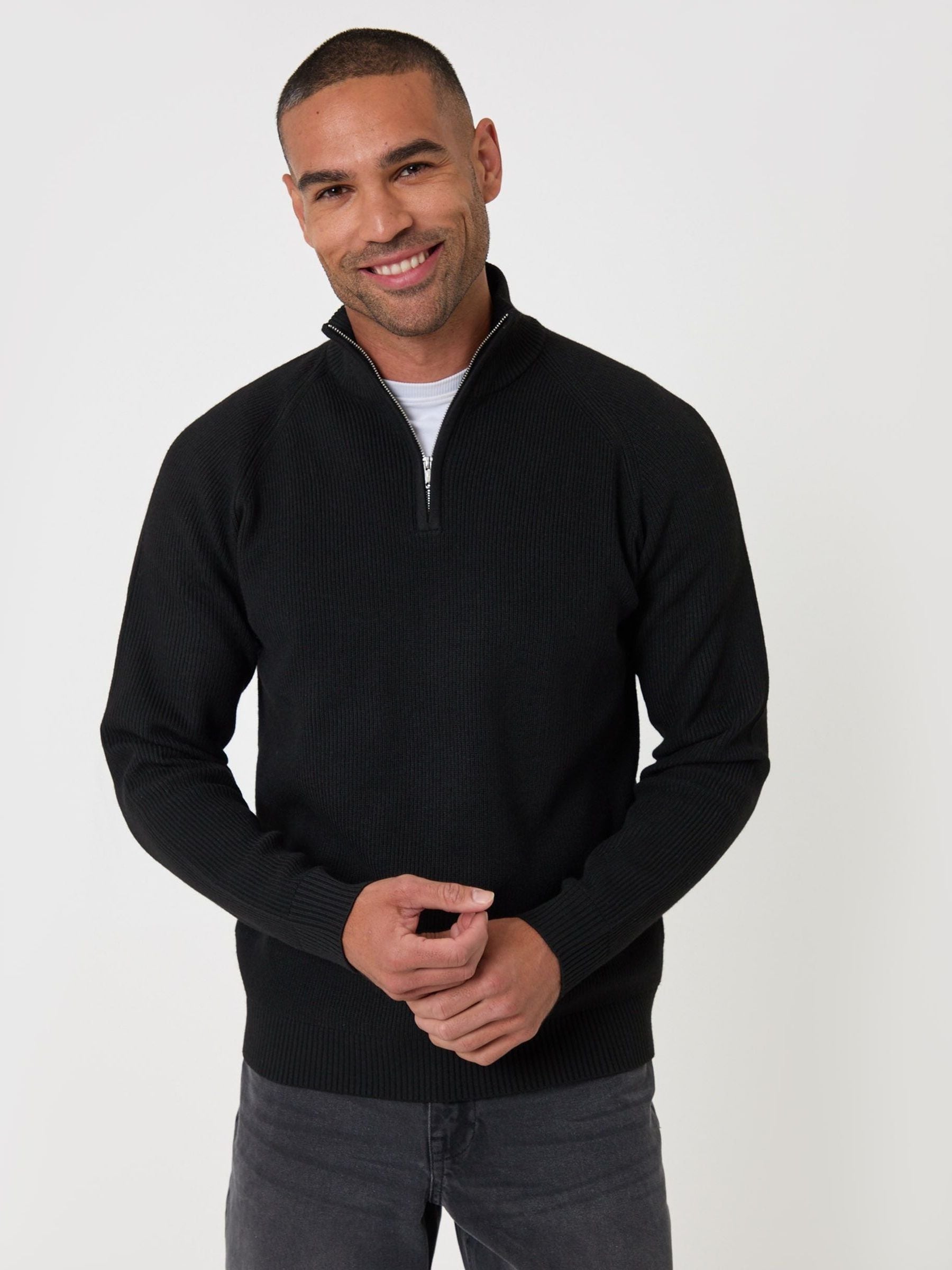 Threadbare Men's Black Funnel Neck Quarter Zip Jumper In - Image 2