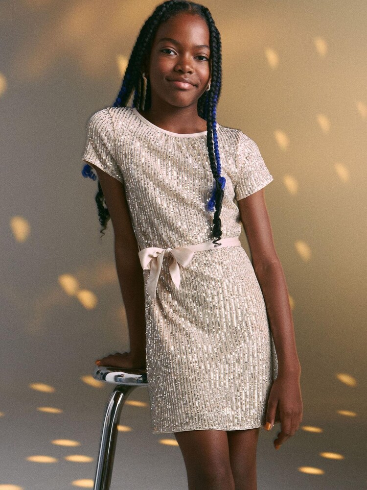 Abercrombie & Fitch White Short Sleeve Sequin Party Dress - Image 1 of 6