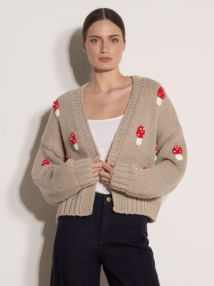 Apricot Brown Mushroom Appliqué Chunky Knit Cardigan - Image 1 of 5 Apricot Brown Mushroom Appliqué Chunky Knit Cardigan - Image 1 of 5