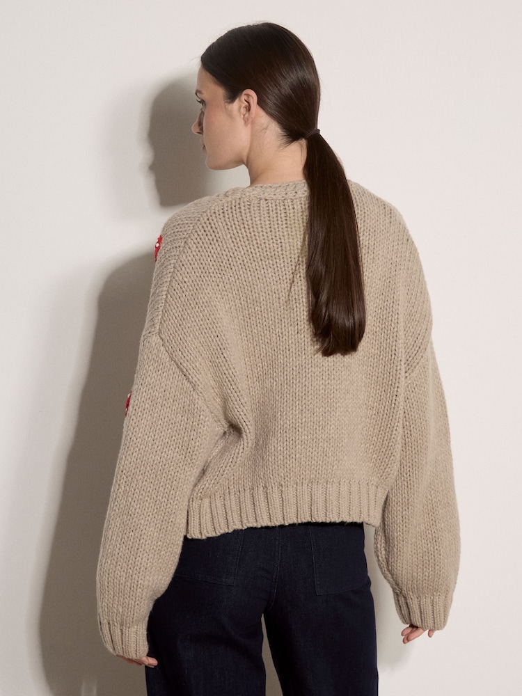 Apricot Brown Mushroom Appliqué Chunky Knit Cardigan - Image 2 of 5 Apricot Brown Mushroom Appliqué Chunky Knit Cardigan - Image 2 of 5