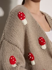 Apricot Brown Mushroom Appliqué Chunky Knit Cardigan - Image 4 of 5