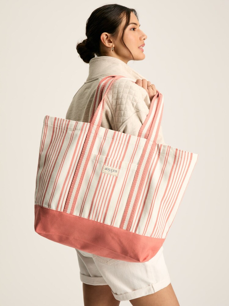 Joules Promenade Cream & Red Canvas Beach Bag - Image 1 of 6