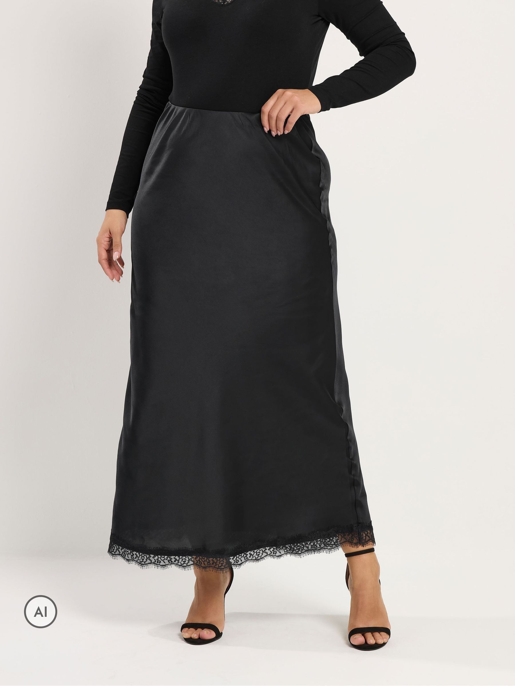 Yours Women's Black Curve Satin Lace Hem Skirt - Image 7