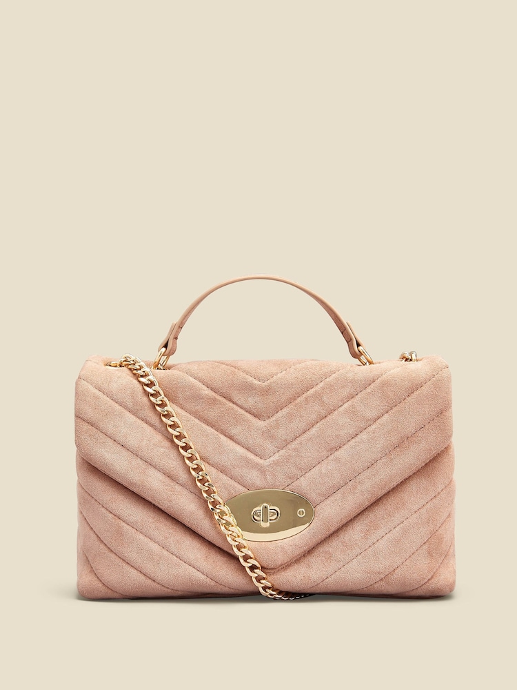 Sosandar Blush Pink Faux Suede Quilted Clasp Detail Cross-Body Bag - Image 1 of 5