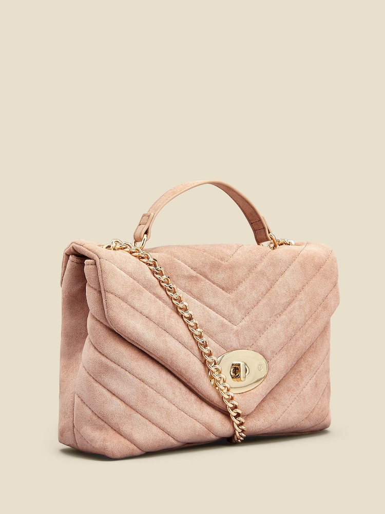 Sosandar Blush Pink Faux Suede Quilted Clasp Detail Cross-Body Bag - Image 2 of 5