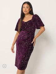 M&Co Purple Petite Sequin Velvet Square Neck A-Line Dress - Image 1 of 6