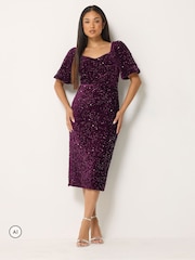M&Co Purple Petite Sequin Velvet Square Neck A-Line Dress - Image 2 of 6