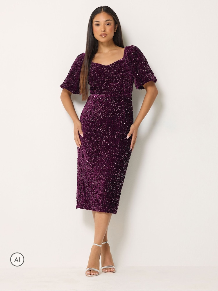 M&Co Purple Petite Sequin Velvet Square Neck A-Line Dress - Image 2 of 6 M&Co Purple Petite Sequin Velvet Square Neck A-Line Dress - Image 2 of 6