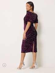 M&Co Purple Petite Sequin Velvet Square Neck A-Line Dress - Image 3 of 6