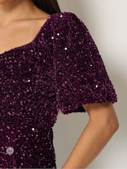 M&Co Purple Petite Sequin Velvet Square Neck A-Line Dress - Image 4 of 6