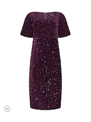 M&Co Purple Petite Sequin Velvet Square Neck A-Line Dress - Image 5 of 6