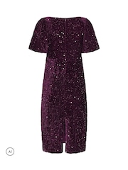 M&Co Purple Petite Sequin Velvet Square Neck A-Line Dress - Image 6 of 6