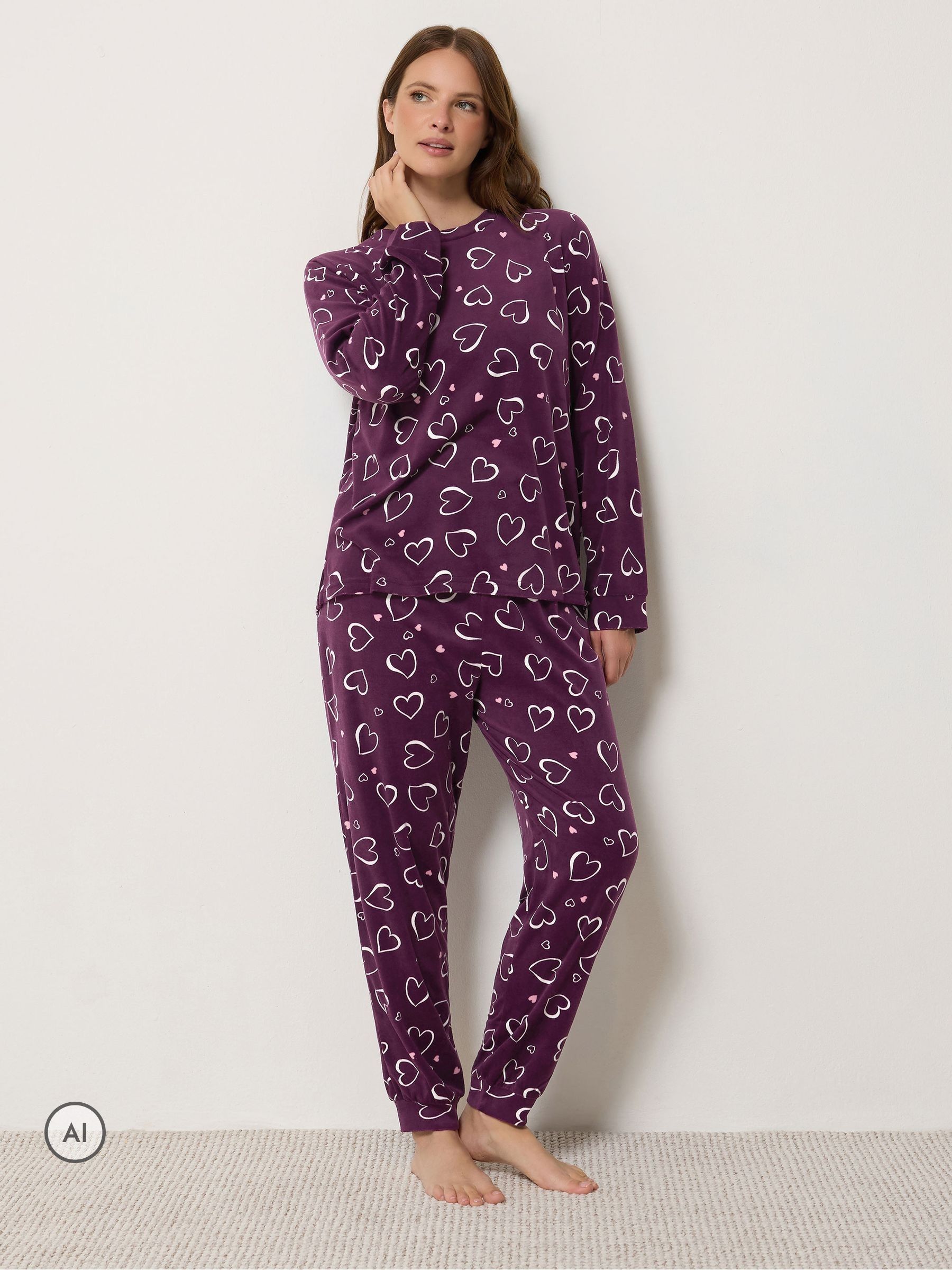 M & Co Women's Red Love Hearts Fleece Pyjamas Set