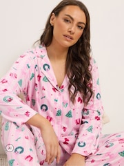 Yours Curve Pink Stripe Christmas Print Lightweight Fleece Pyjamas Set - Image 1 of 6