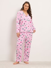 Yours Curve Pink Stripe Christmas Print Lightweight Fleece Pyjamas Set - Image 2 of 6