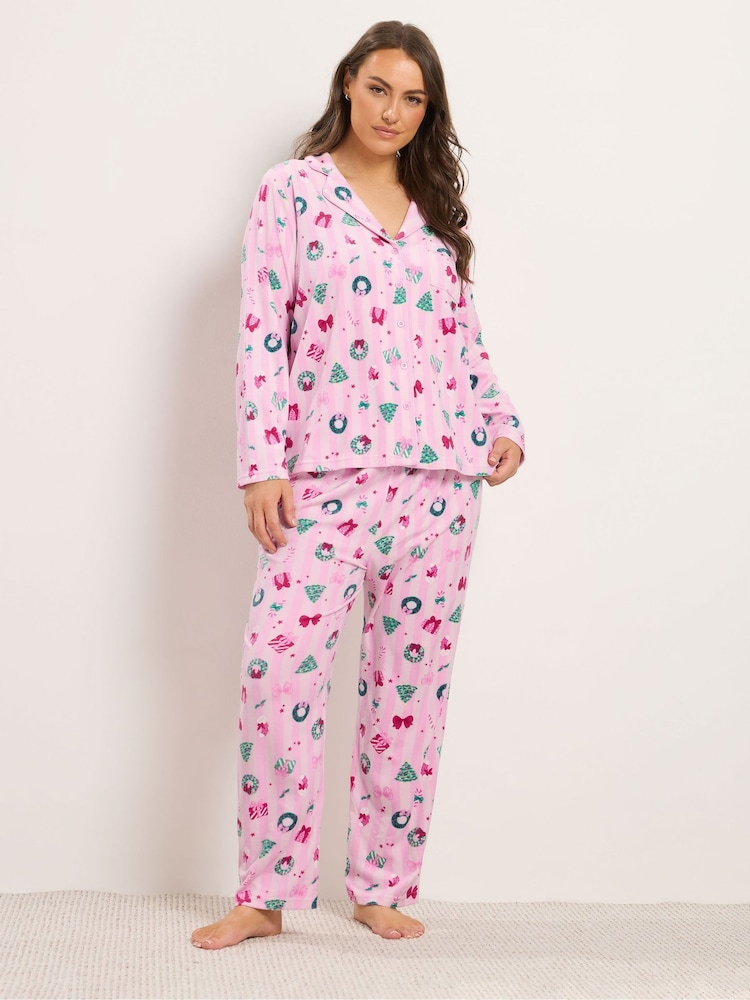 Yours Curve Pink Stripe Christmas Print Lightweight Fleece Pyjamas Set - Image 2 of 6 Yours Curve Pink Stripe Christmas Print Lightweight Fleece Pyjamas Set - Image 2 of 6