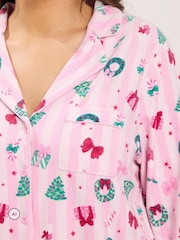 Yours Curve Pink Stripe Christmas Print Lightweight Fleece Pyjamas Set - Image 4 of 6