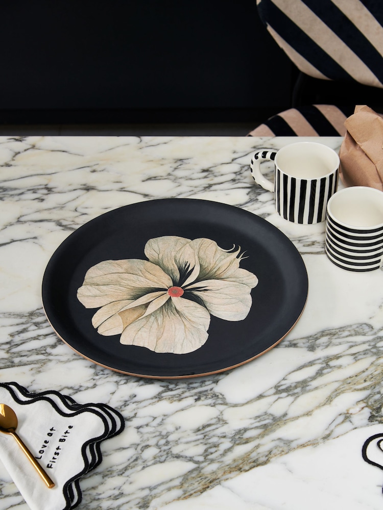 Rockett St George Black/Cream Floral Wood Veneer Tray with Anti Slip Finish - Image 1 of 2