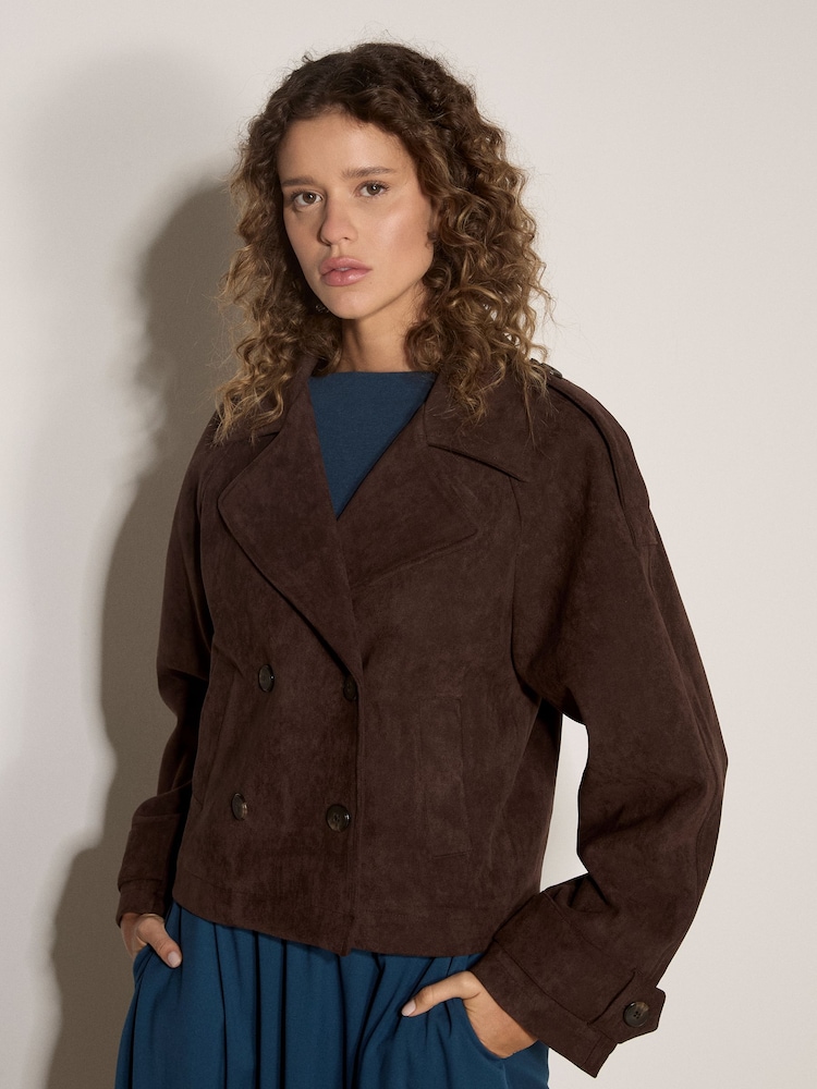 Apricot Brown Suedette Short Trench Jacket - Image 5 of 5