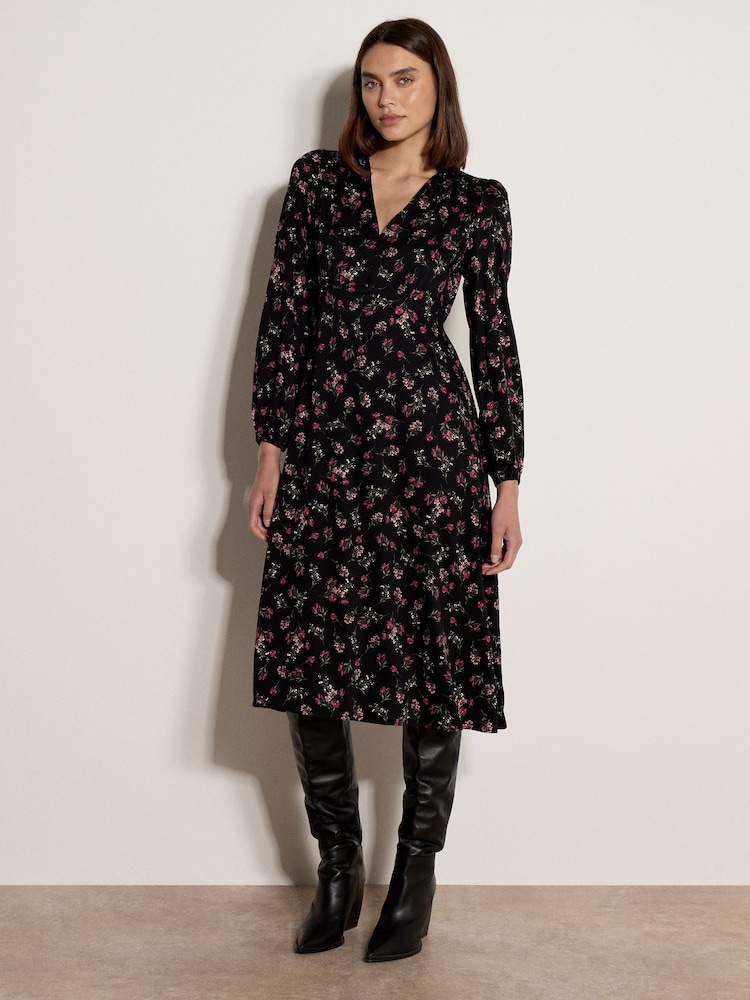 Apricot Black Floral Print Midi Dress - Image 1 of 5