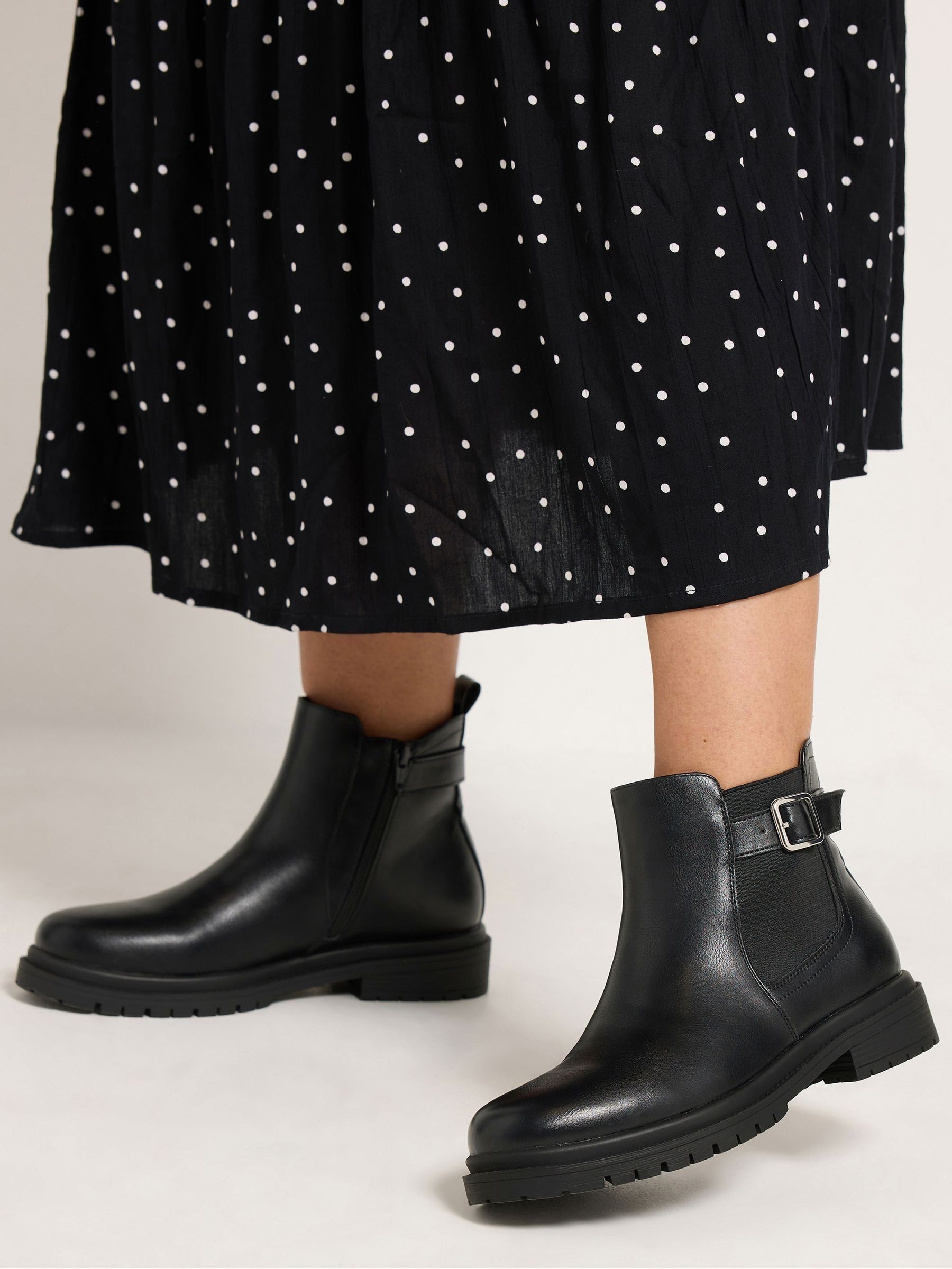 Yours Curve Women's Black Wide Fit Faux Leather Buckle Chelsea Boots