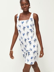 White/Blue Square Neck Shift Mini Dress With Linen - Image 1 of 7