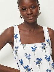 White/Blue Square Neck Shift Mini Dress With Linen - Image 5 of 7